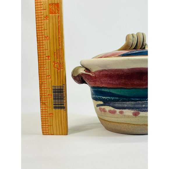 Studio Art Pottery Signed White Salmon Bowl w/ Lid Blue Pink Handle Dip Mixing - Picture 9 of 9